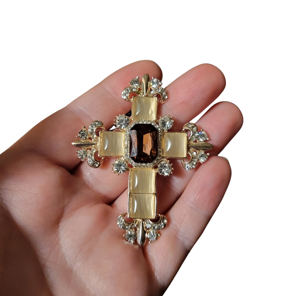 Elegant Rose Gold Tone Cross Pendant And Brooch
